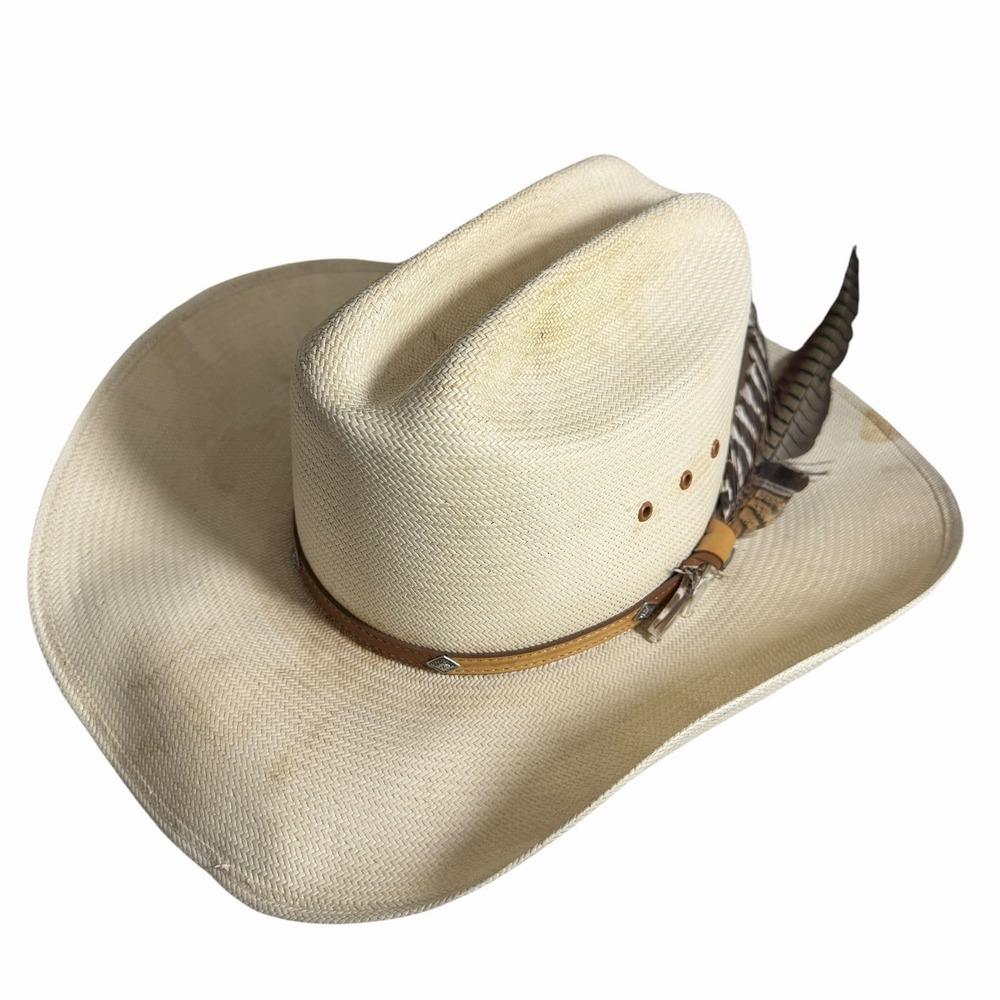 Stetson Straw Cowboy Hat 7 1/4 Natural Western Feather Leather Hatband